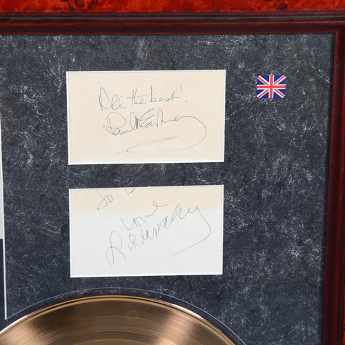 138 - Wings - London Town, gold disc with autographs of Paul and Linda McCartney and Denny Laine, framed, ... 