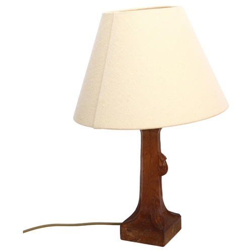 140 - Robert Mouseman Thompson oak table lamp, with carved mouse, modern shade, height including shade 48c... 