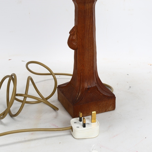 140 - Robert Mouseman Thompson oak table lamp, with carved mouse, modern shade, height including shade 48c... 