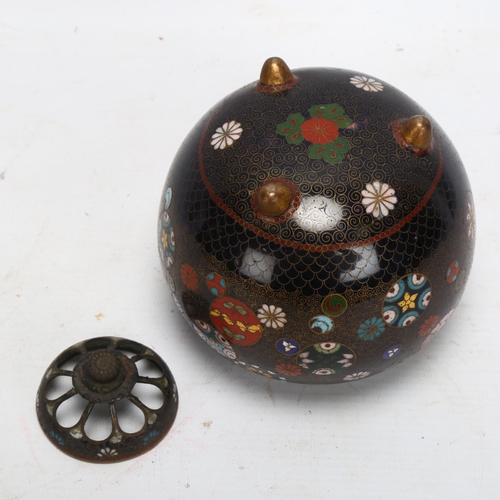 143 - A fine Japanese cloisonne enamel pot pourri jar and cover, decorated with circular discs, height 13c... 