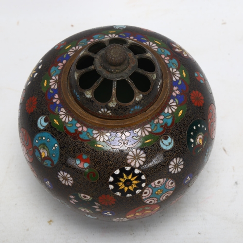 143 - A fine Japanese cloisonne enamel pot pourri jar and cover, decorated with circular discs, height 13c... 