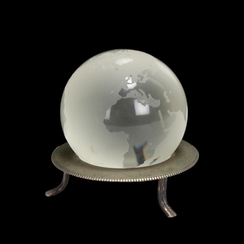 144 - TIFFANY & CO - etched glass globe on plated stand, height 7cm, globe diameter 6cm