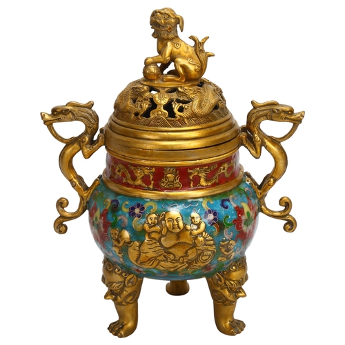 149 - A Chinese gilt-bronze and enamel incense burner and cover, with dog of fo knop, resting on 3 feet, h... 