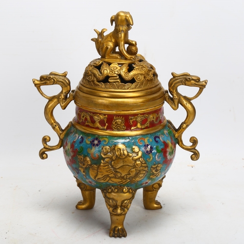 149 - A Chinese gilt-bronze and enamel incense burner and cover, with dog of fo knop, resting on 3 feet, h... 