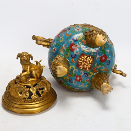 149 - A Chinese gilt-bronze and enamel incense burner and cover, with dog of fo knop, resting on 3 feet, h... 