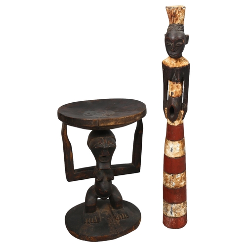 152 - Congo African Tribal carved wood stool, supported by a figure, height 42cm, and a carved and painted... 