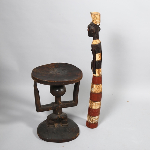 152 - Congo African Tribal carved wood stool, supported by a figure, height 42cm, and a carved and painted... 