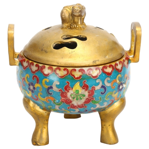 156 - A Chinese gilt-bronze and enamel incense burner and cover on 3 feet, height 15cm