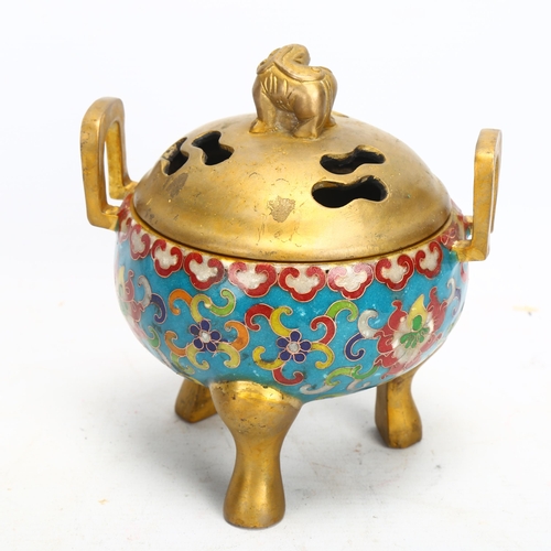 156 - A Chinese gilt-bronze and enamel incense burner and cover on 3 feet, height 15cm