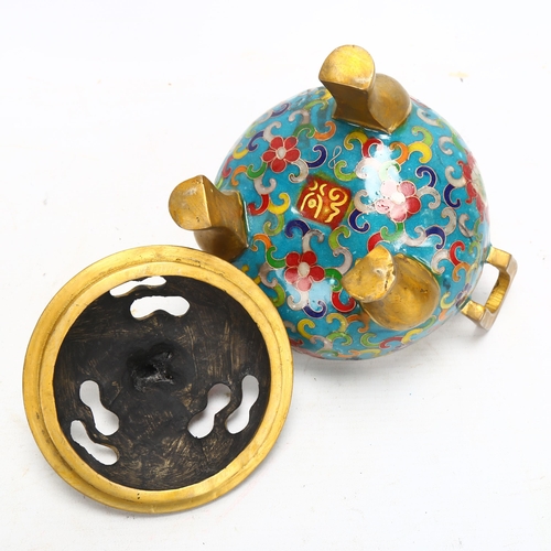 156 - A Chinese gilt-bronze and enamel incense burner and cover on 3 feet, height 15cm