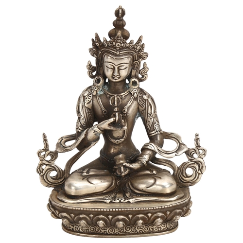 162 - A Chinese silvered bronze seated Buddha, height 21cm