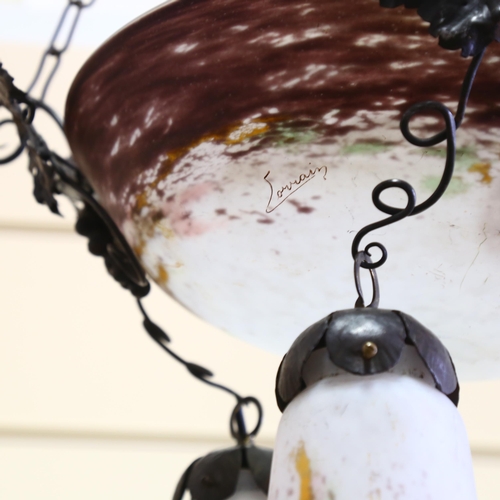 165 - A French wrought-iron and coloured glass hanging light fitting, with central bowl and 3 pendant ligh... 