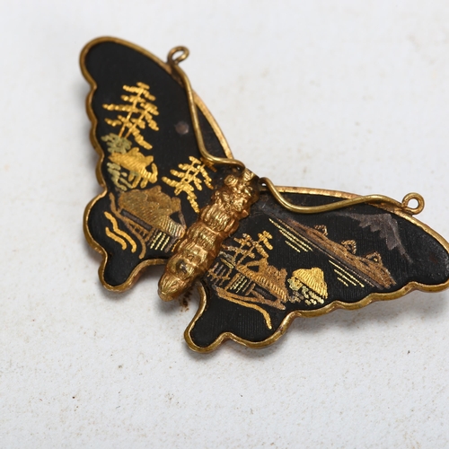 174 - Japanese inlaid metal butterfly brooch, seal mark, width 4cm