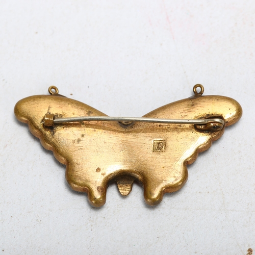 174 - Japanese inlaid metal butterfly brooch, seal mark, width 4cm