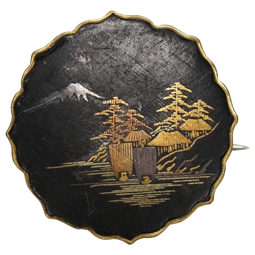 175 - Japanese inlaid metal circular brooch, seal mark, diameter 3cm