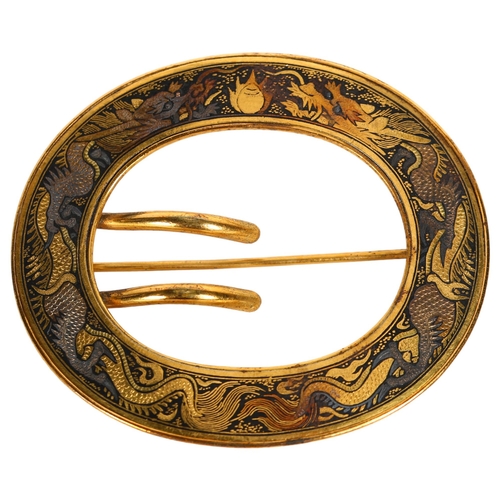 176 - S Komai, Japanese inlaid metal brooch, seal mark, width 7cm