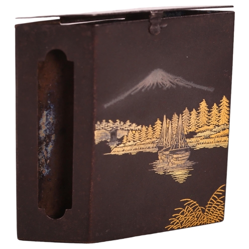 179 - Ogurusu Japanese inlaid metal matchbox holder, length 6.5cm