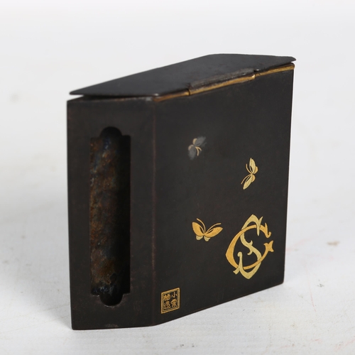 179 - Ogurusu Japanese inlaid metal matchbox holder, length 6.5cm