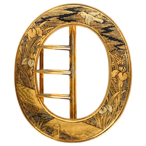 181 - Yoshi Kowana, Japanese inlaid metal belt buckle, seal mark, 7cm x 5.5cm