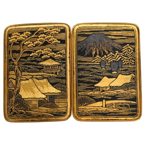 185 - O Komai, Japanese inlaid metal 2-section belt buckle depicting Mount Fuji, dragonfly seal mark, widt... 