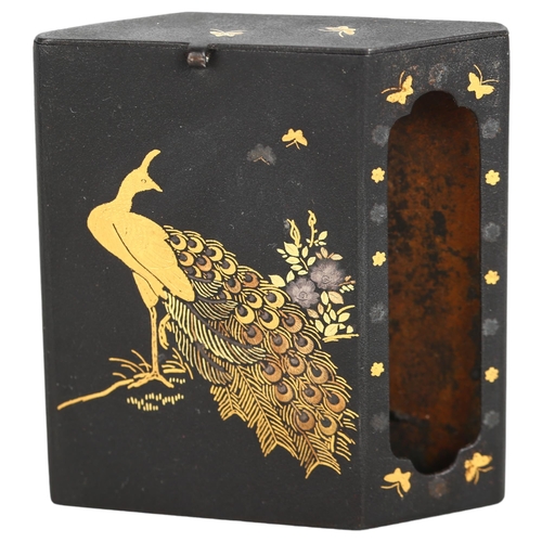 187 - Japanese inlaid metal matchbox holder, with peacock design, 6cm