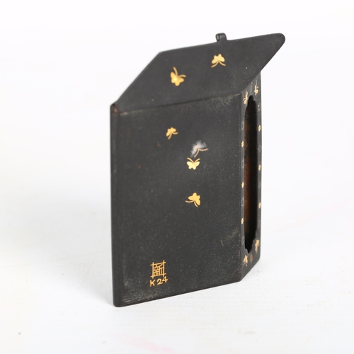 187 - Japanese inlaid metal matchbox holder, with peacock design, 6cm