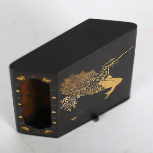 187 - Japanese inlaid metal matchbox holder, with peacock design, 6cm