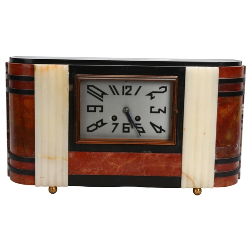 203 - French Art Deco four-colour marble-cased mantel clock, with 8-day striking movement, width 39cm, hei... 