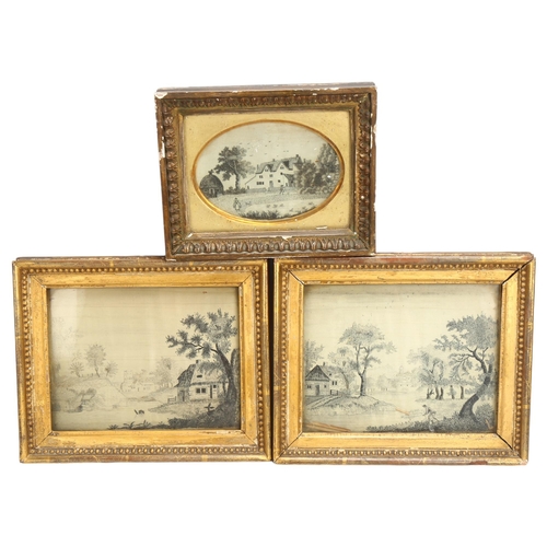 208 - 3 x 18th silk embroidered pictures, in original gilt frames, largest overall frame dimensions 20cm x... 