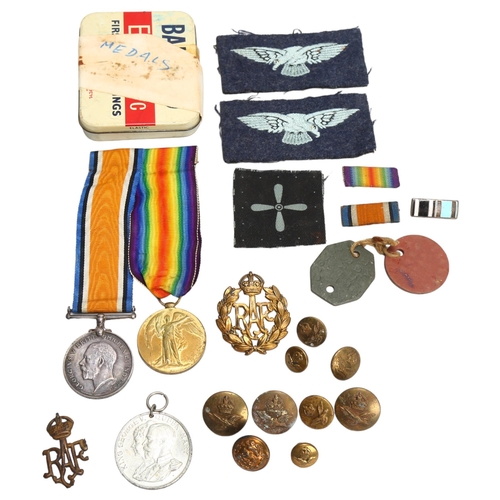 210 - A pair of Great War Service medals, awarded to M-320497 Pte AA Bray ASC, together with RAF badges, c... 