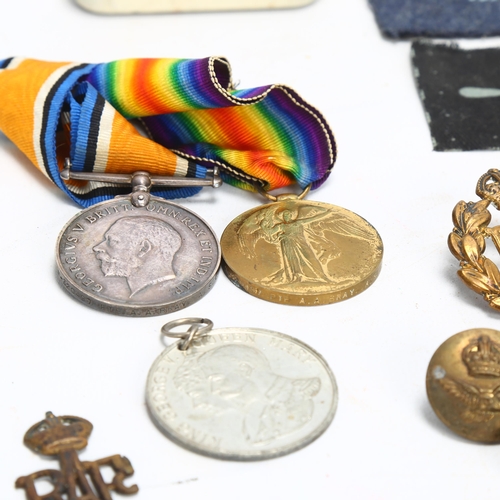 210 - A pair of Great War Service medals, awarded to M-320497 Pte AA Bray ASC, together with RAF badges, c... 