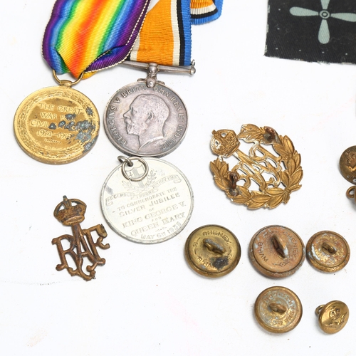 210 - A pair of Great War Service medals, awarded to M-320497 Pte AA Bray ASC, together with RAF badges, c... 