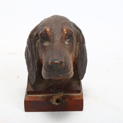 43 - A Black Forest carved and stained wood sculpture of a hound's head, with glass eyes, on block base, ... 