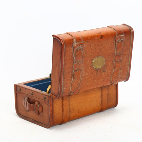 54 - A 19th century novelty carved wood box in the form of a travelling trunk, with relief carved straps ... 