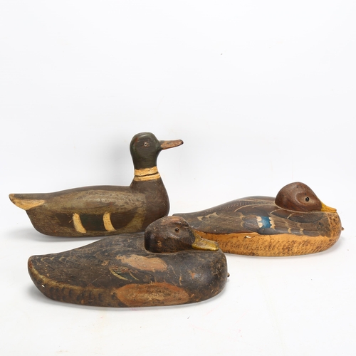 56 - 3 Folk Art carved and painted wood decoy ducks, length 30cm, probably late 19th century