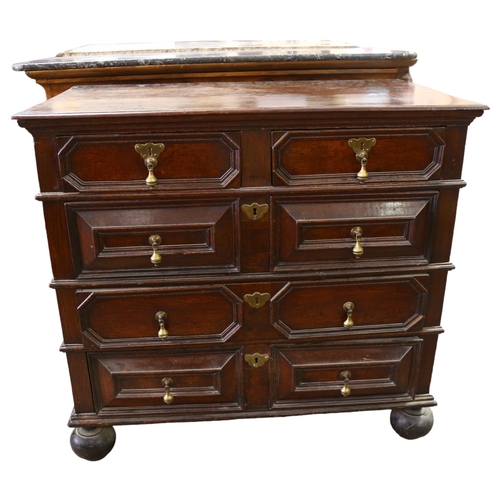 64 - Charles II oak chest of drawers in 2 parts, with fielded and moulded drawer fronts, brass drop handl... 