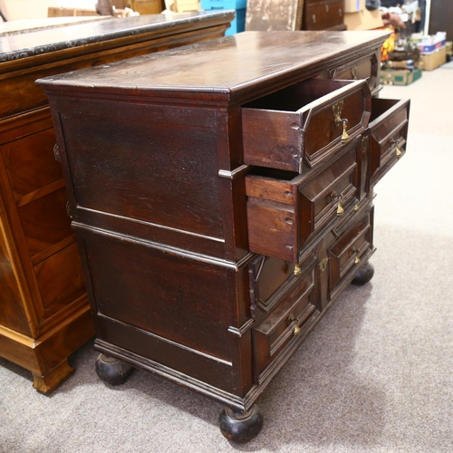 64 - Charles II oak chest of drawers in 2 parts, with fielded and moulded drawer fronts, brass drop handl... 