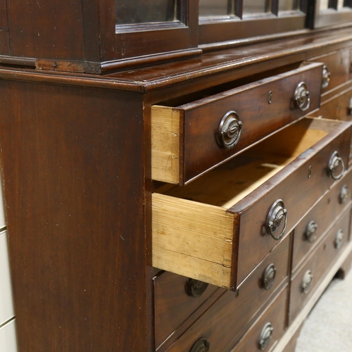 65 - A 19th century mahogany library bookcase, with 4 lattice-glazed cabinets above, and 15 drawers below... 