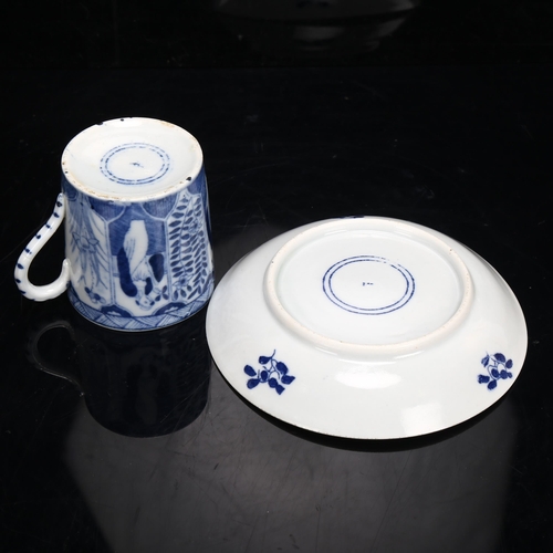 67 - A Chinese blue and white porcelain teacup and saucer on wood stand, saucer diameter 12.5cm