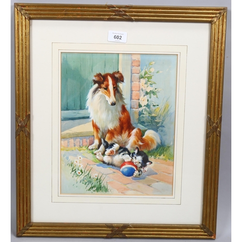 602 - Mid-20th century nursery study of a Collie and kitten, watercolour, unsigned, 29cm x 24cm, framed