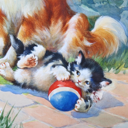 602 - Mid-20th century nursery study of a Collie and kitten, watercolour, unsigned, 29cm x 24cm, framed