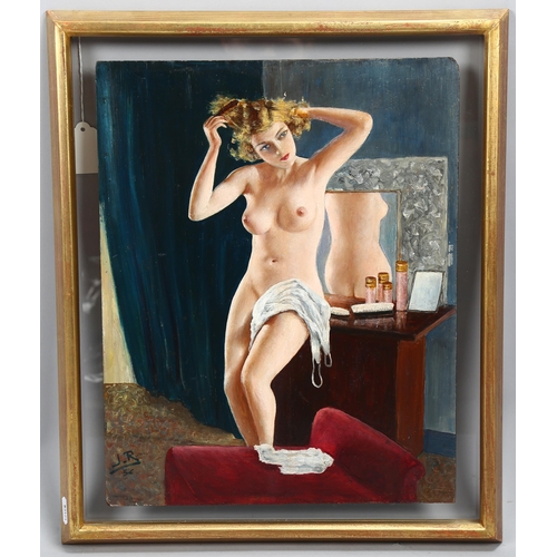 607 - Oil on wood panel, erotic female nude, signed with monogram JR '36, 41cm x 32cm, framed