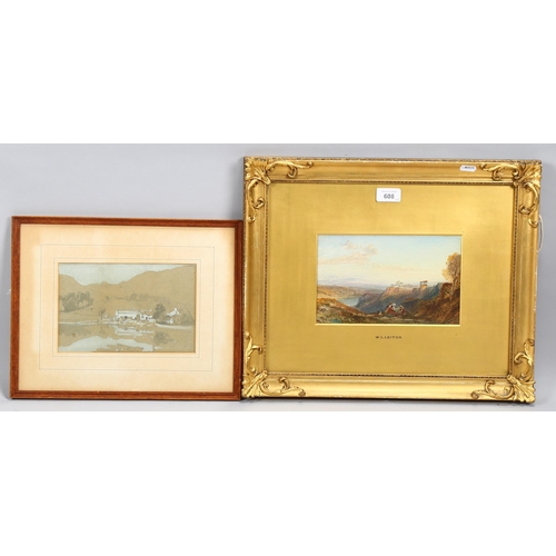 608 - William Leighton Leitch, travellers in extensive landscape, watercolour, 14cm x 23cm, together with ... 