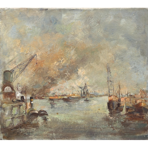 609 - Hetty Kluytmans, harbour scene, oil on canvas, signed, 45cm x 50cm, framed