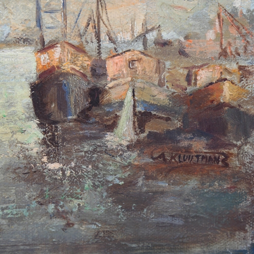 609 - Hetty Kluytmans, harbour scene, oil on canvas, signed, 45cm x 50cm, framed