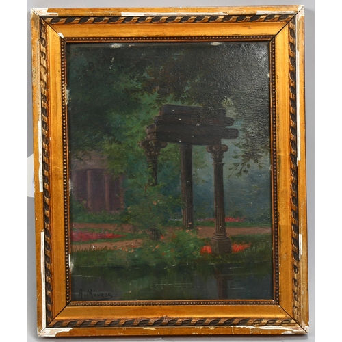 611 - Anne Mourre, temple ruins, oil on board, signed, 23cm x 18cm, framed