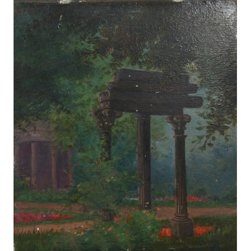 611 - Anne Mourre, temple ruins, oil on board, signed, 23cm x 18cm, framed