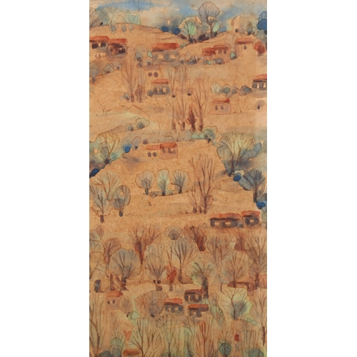 619 - Ruzin Gercin (1929 - 2011), Turkish village scene, watercolour, signed and dated 1975, 21cm x 9cm, f... 