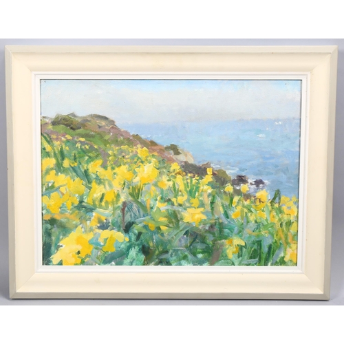 622 - John Harvey, cliff-top daffodils Cornwall, oil on canvas, signed, 41cm x 56cm, framed