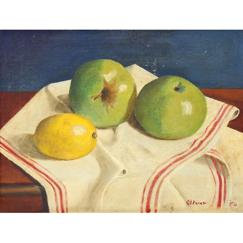 624 - Frank Oliver, still life apples and lemon, oil on board, signed and dated '50, 22cm x 30cm, framed